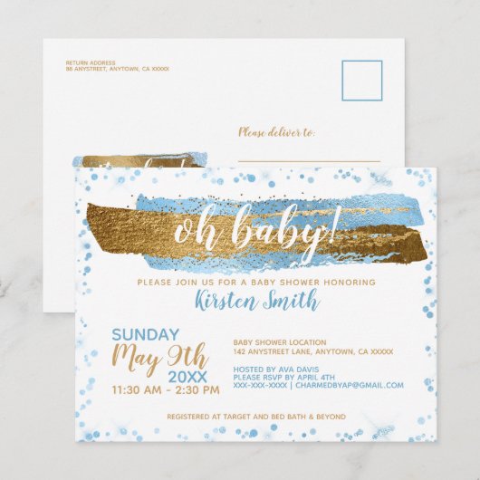 Oh Baby Blue & Gold Boy Babydouche Uitnodigingen (Voorkant / Achterkant)