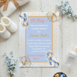 Oh Baby Blue Gold Ginkgo Leaf Baby shower Kaart