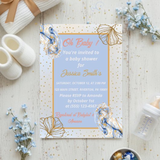 Oh Baby Blue Gold Ginkgo Leaf Baby shower Kaart