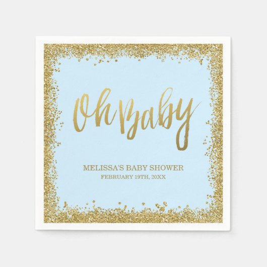Oh Baby Blue Gold Glitter Baby shower Servetten (Voorkant)