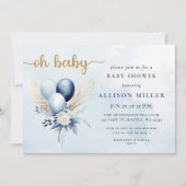 Oh Baby Blue Gold Pampas Boho Boy Baby shower Kaart (Voorkant)