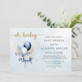 Oh Baby Blue Gold Pampas Boho Boy Baby shower Kaart (Staand voorkant)