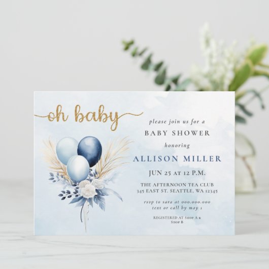Oh Baby Blue Gold Pampas Boho Boy Baby shower Kaart (Staand voorkant)