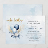 Oh Baby Blue Gold Pampas Boho Boy Baby shower Kaart (Voorkant / Achterkant)