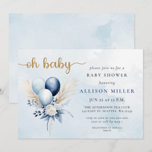 Oh Baby Blue Gold Pampas Boho Boy Baby shower Kaart (Voorkant / Achterkant)