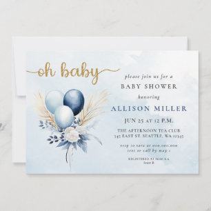 Oh Baby Blue Gold Pampas Boho Boy Baby shower Kaart