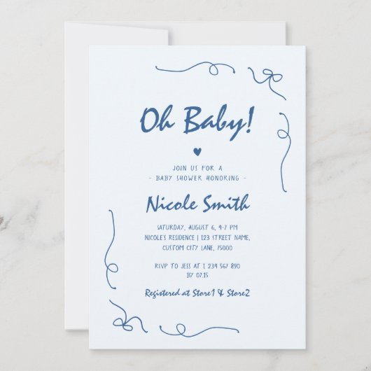 Oh Baby Blue Hand Drawn French Boy Baby shower Kaart (Voorkant)