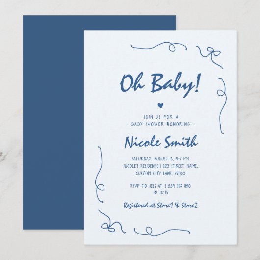 Oh Baby Blue Hand Drawn French Boy Baby shower Kaart (Voorkant / Achterkant)