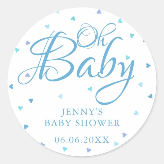 Oh Baby Blue Love Hearts Baby Shower / Sprinkle Ronde Sticker (Voorkant)