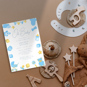 Oh Baby! Blue Minimalist Baby shower Invitation Kaart