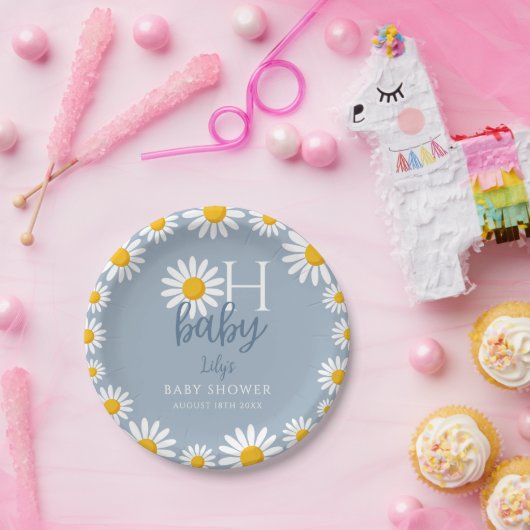Oh Baby Blue Modern Daisy Baby shower Papieren Bordje (Feest)
