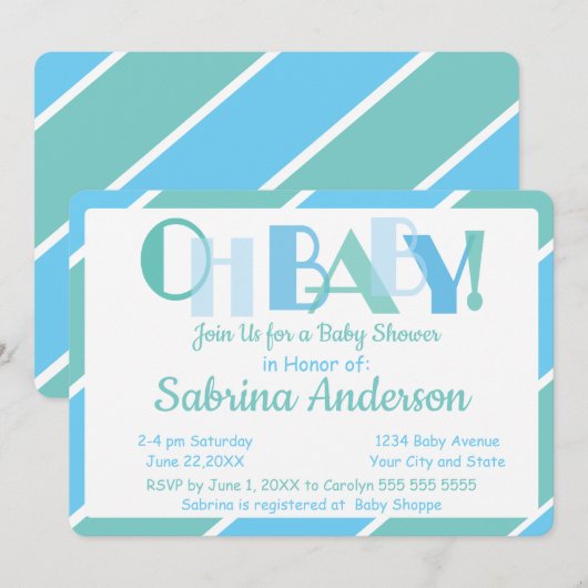 Oh Baby Blue Modern Typography Baby shower Kaart (Voorkant / Achterkant)