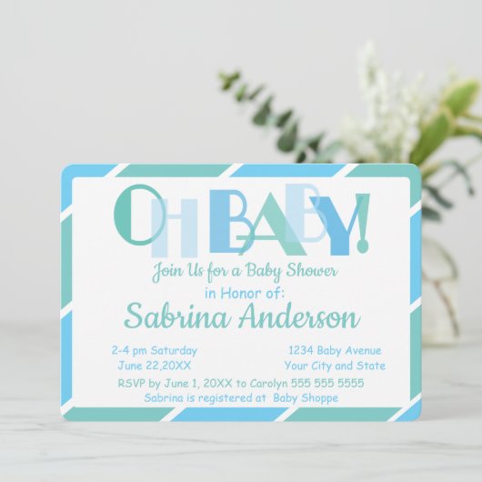 Oh Baby Blue Modern Typography Baby shower Kaart (Staand voorkant)