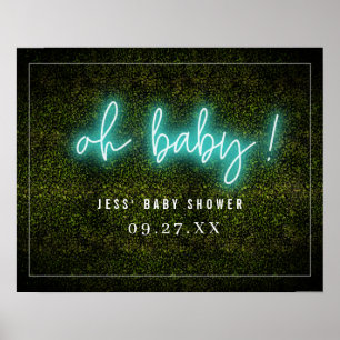 Oh Baby Blue Neon Boxwood Baby shower Poster