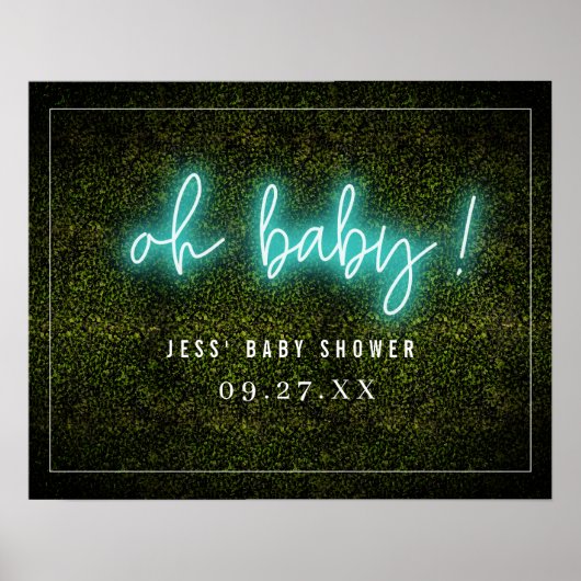 Oh Baby Blue Neon Boxwood Baby shower Poster (Voorkant)