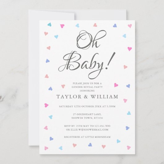 Oh Baby Blue Pink Hearts Gender Reveal Party Kaart (Voorkant)