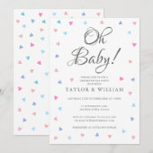 Oh Baby Blue Pink Hearts Gender Reveal Party Kaart (Voorkant / Achterkant)