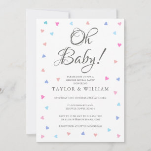 Oh Baby Blue Pink Hearts Gender Reveal Party Kaart