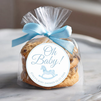 Oh Baby Blue Rocking Horse Baby Shower Favor  Ronde Sticker