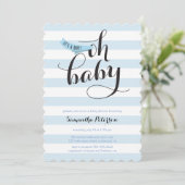 Oh Baby Blue Stripes Baby shower Uitnodigen Kaart (Staand voorkant)