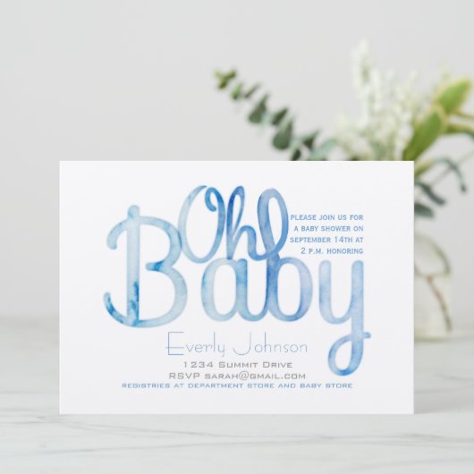 Oh Baby Blue Waterverf Baby Boy Shower Kaart (Staand voorkant)