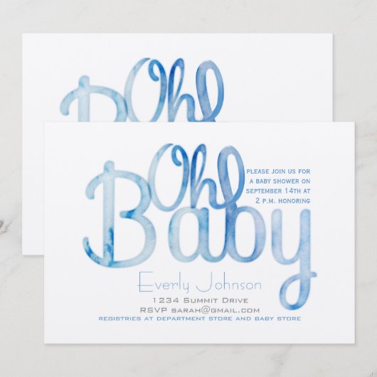 Oh Baby Blue Waterverf Baby Boy Shower Kaart (Voorkant / Achterkant)