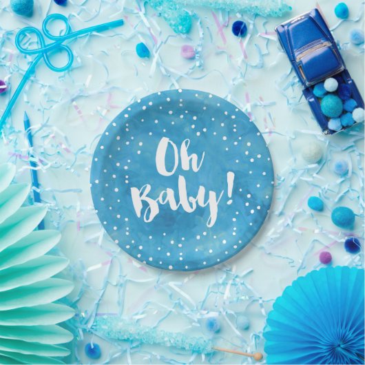 Oh Baby Blue Waterverf Baby shower Papieren Bordje (Feest)