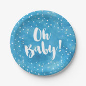 Oh Baby Blue Waterverf Baby shower Papieren Bordje (Voorkant)