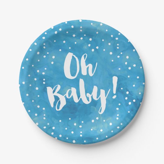 Oh Baby Blue Waterverf Baby shower Papieren Bordje (Voorkant)