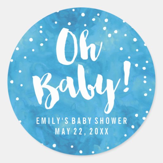 Oh Baby Blue Waterverf Baby shower Ronde Sticker (Voorkant)