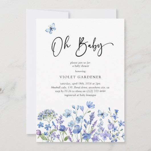 Oh Baby Blue Wildflower Baby shower Kaart (Voorkant)