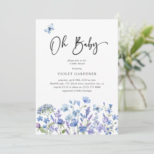 Oh Baby Blue Wildflower Baby shower Kaart (Staand voorkant)