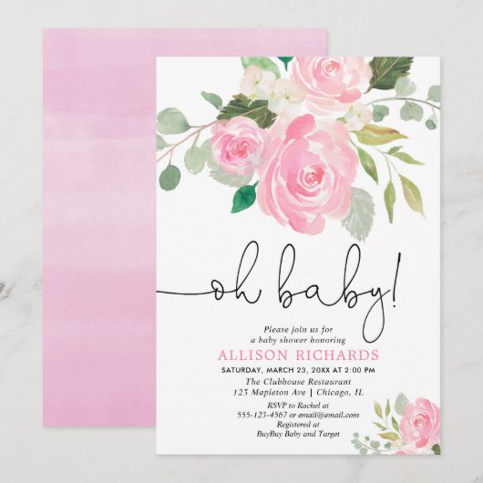Oh baby Blush meisje baby shower florale waterverv Kaart (Voorkant / Achterkant)