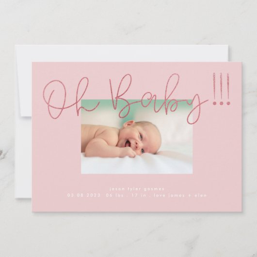 Oh Baby Blush Pink Folie modern Funky Fun Baby Aankondiging (Voorkant)