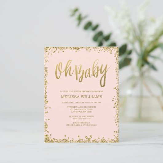 Oh Baby Blush Pink Gold Glitter Baby shower Kaart (Staand voorkant)