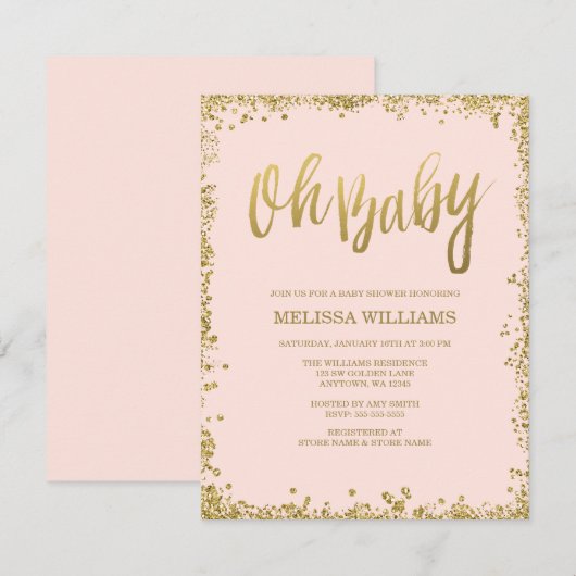 Oh Baby Blush Pink Gold Glitter Baby shower Kaart (Voorkant / Achterkant)