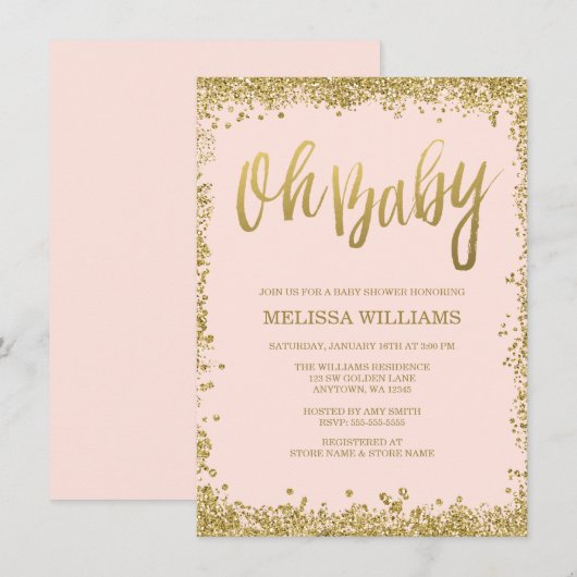 Oh Baby Blush Pink Gold Glitter Baby shower Kaart (Voorkant / Achterkant)