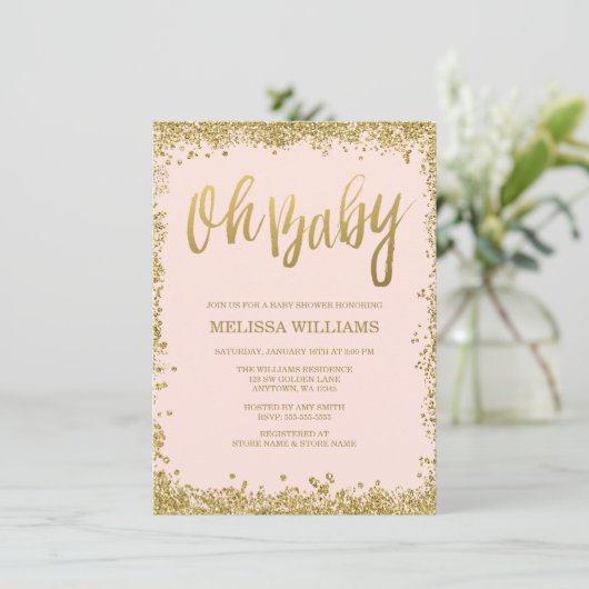 Oh Baby Blush Pink Gold Glitter Baby shower Kaart (Staand voorkant)