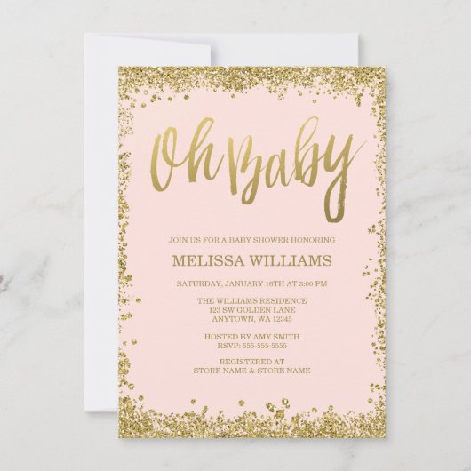 Oh Baby Blush Pink Gold Glitter Baby shower Kaart (Voorkant)