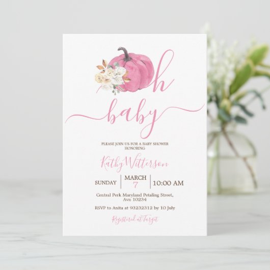 Oh Baby Blush Pink Pumpkin Floral Baby shower Kaart (Staand voorkant)