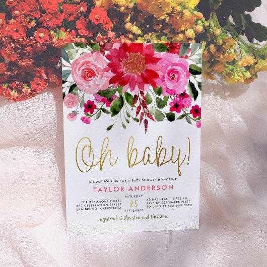 Oh Baby Blush roze en Red Floral Baby Girl Shower Kaart