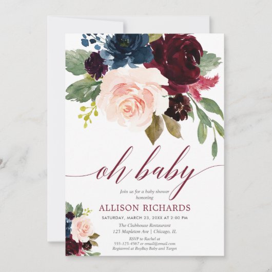 Oh Baby blush roze marsala marineblauw baby shower Kaart (Voorkant)