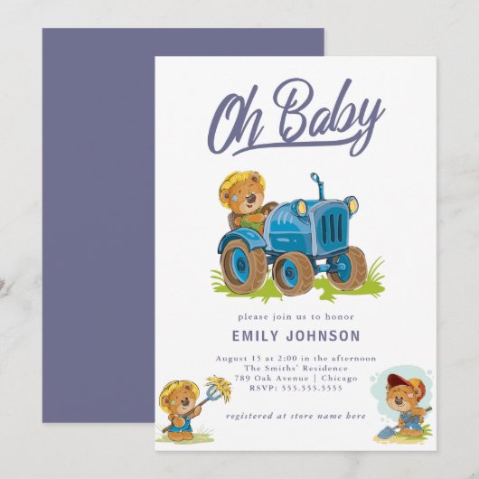 Oh Baby Boerderij Tractor Baby shower Invitation Kaart (Voorkant / Achterkant)