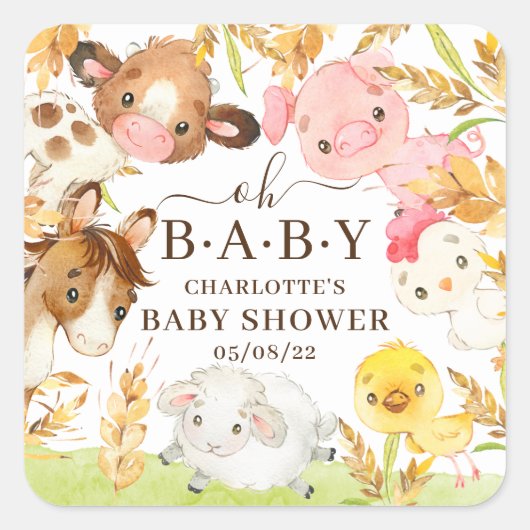 Oh Baby Boerderijdieren Baby shower Favor Classic  Vierkante Sticker (Voorkant)