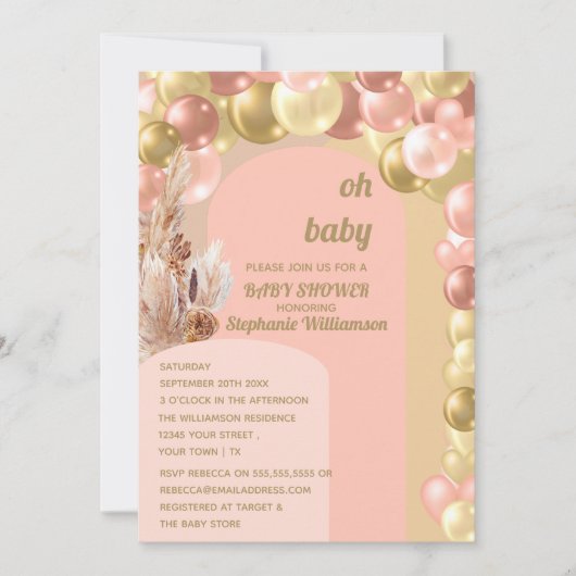 Oh baby boho ballonboog pampas baby shower kaart (Voorkant)