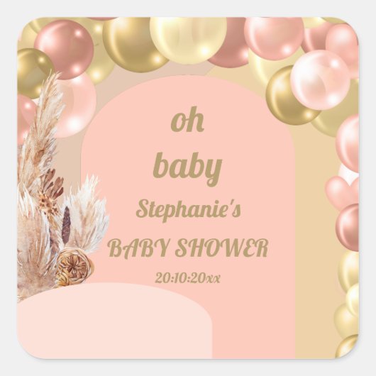 Oh baby boho ballonboog pampas baby shower vierkante sticker (Voorkant)