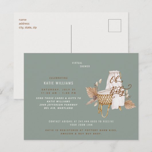 Oh Baby Boho Bassinet Sage Virtual Shower Aankondigingskaart (Voorkant / Achterkant)