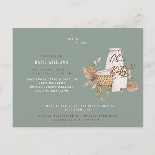 Oh Baby Boho Bassinet Sage Virtual Shower Aankondigingskaart (Voorkant)