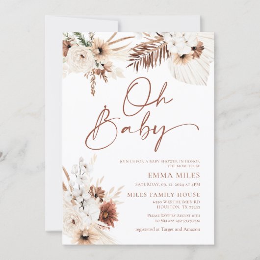Oh Baby Boho Pampas Baby shower Uitnodiging (Voorkant)