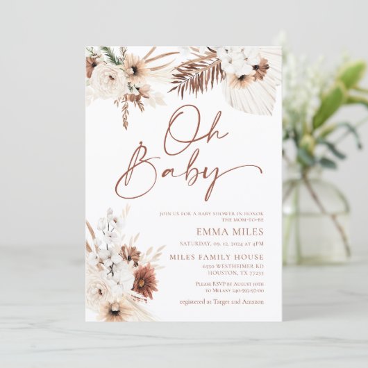 Oh Baby Boho Pampas Baby shower Uitnodiging (Staand voorkant)